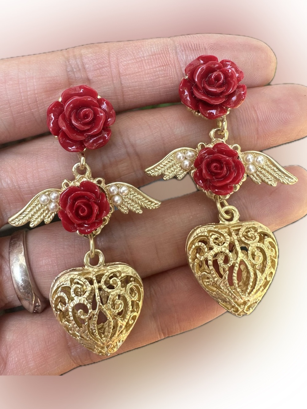 Red Rose & Gold hallowed Heart Dangle Earrings wings pearls